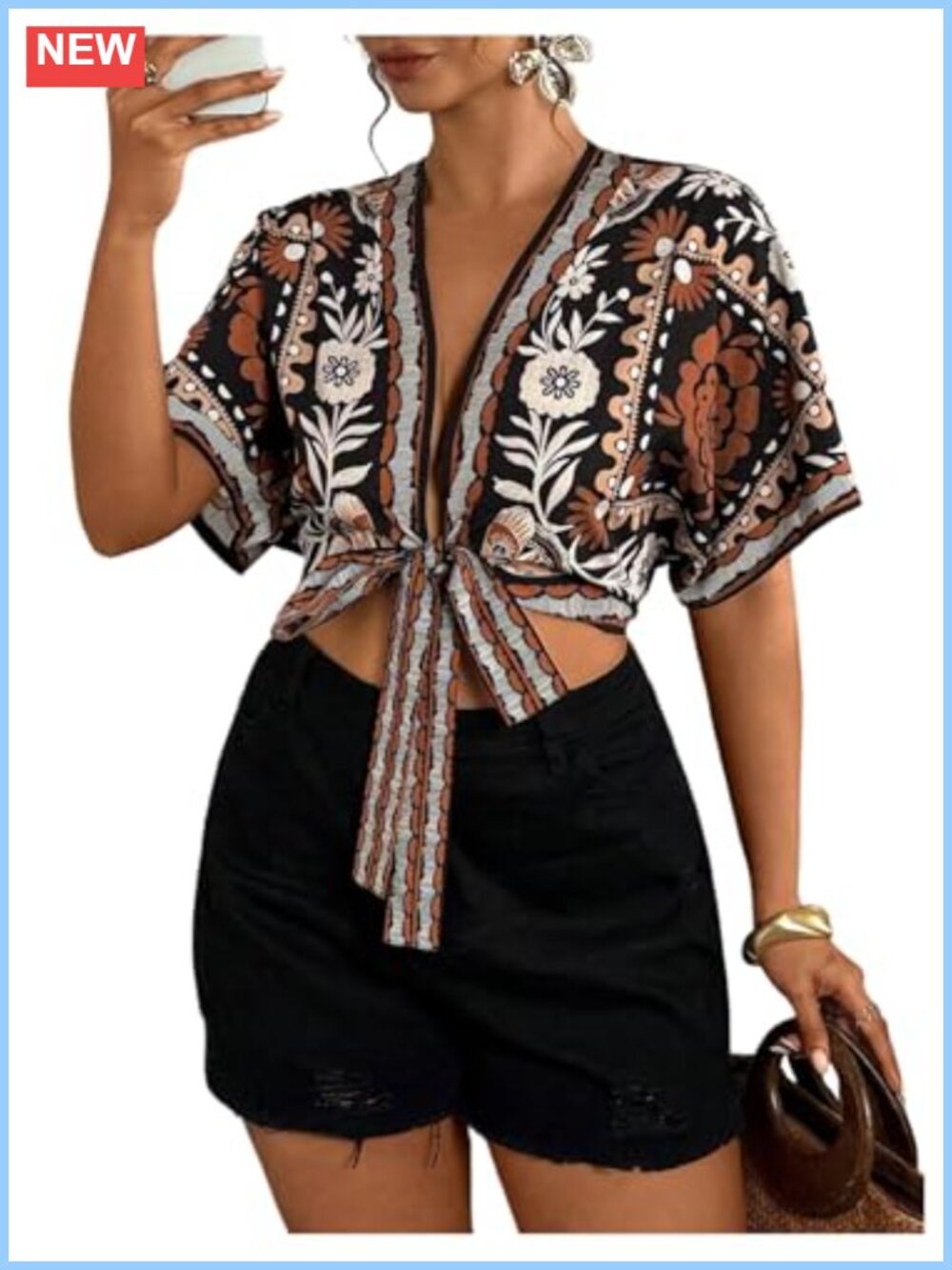Plus Size Floral Boho Crop Top Deep V Neck Tie Front Short Sleeve Blouse